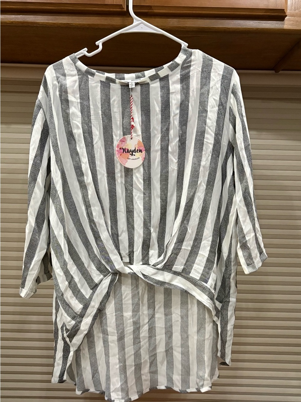 Hayden White & Grey Vertical Stripe Knot-Front Tunic